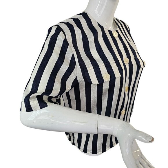 La Chine Petites Galinda Wang Striped Button-Up Shirt 6P Navy Silver Stripes 80s - Picture 9 of 10